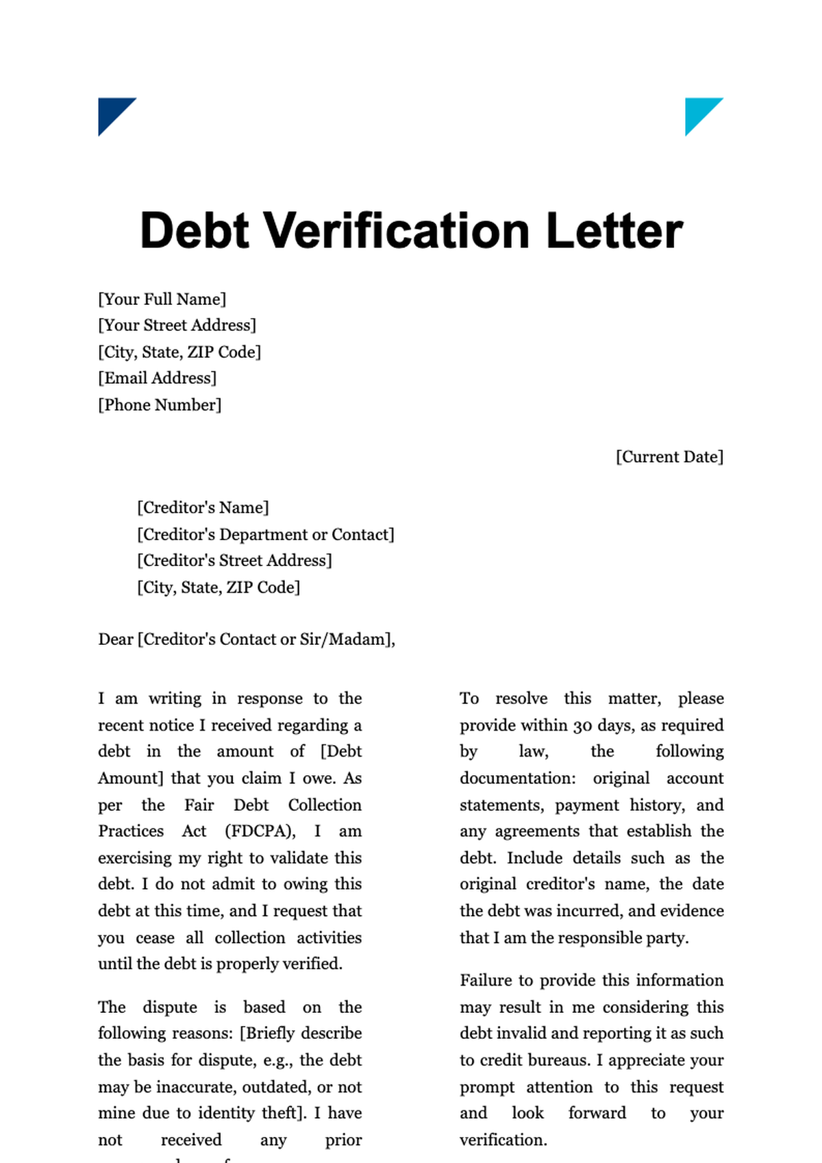 Debt verification letter template with blue geometric header and placeholder fields_variant_2